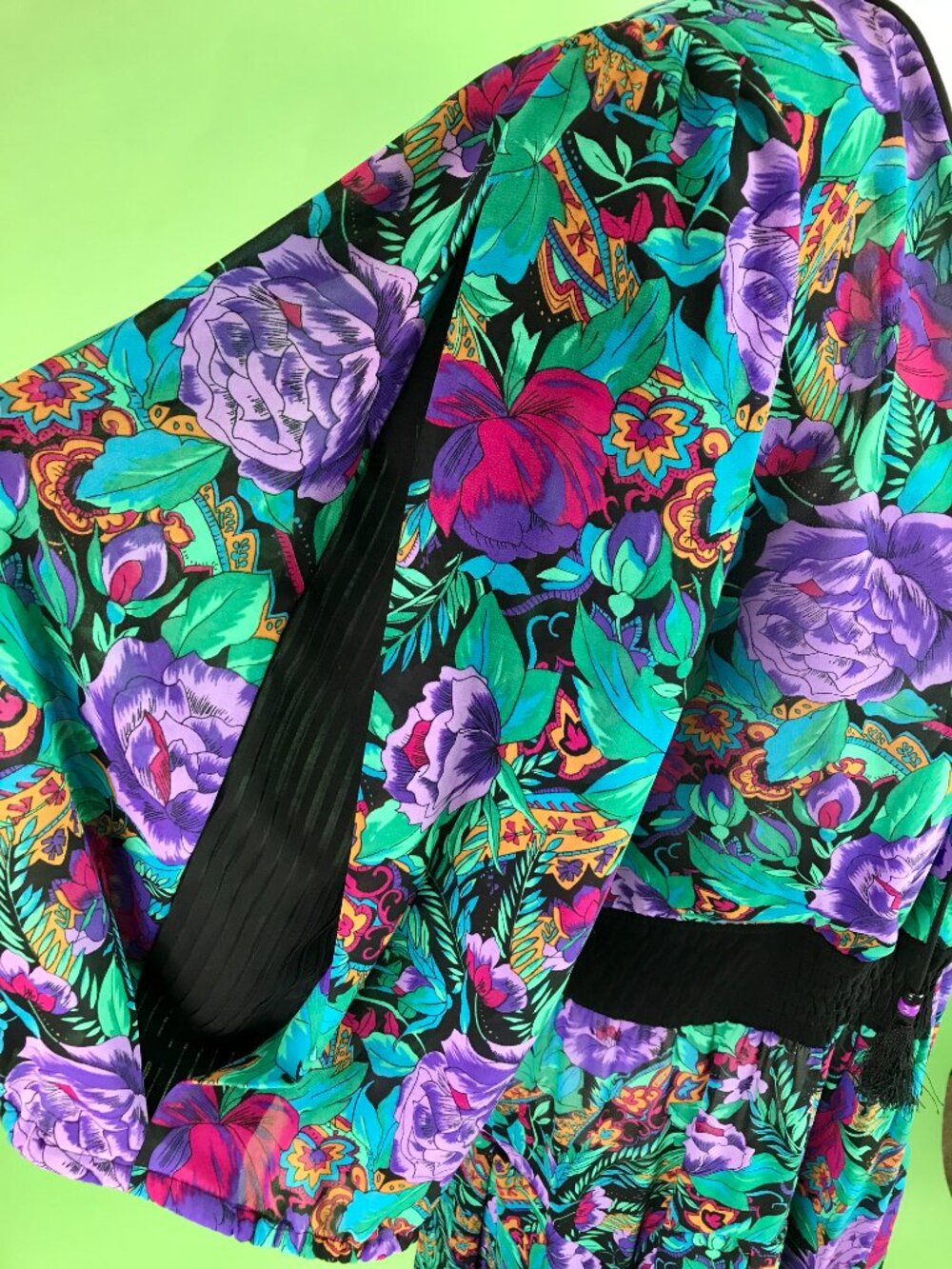 Vintage 80s Diane Freis Bold Dark Floral Pleated Georgette Dress Size Large - Picture 7 of 10